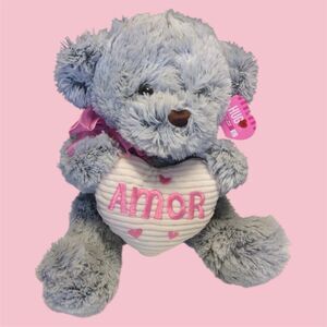 Valentine Hug Me 10” Plush Stuffed Grey Bear Animal “AMOR” with Pink Bow